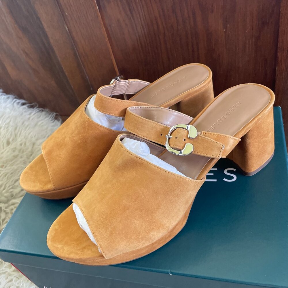 New in Box Aerosoles Women's Cosmic Tan Suede Platform Heeled Sandal- Size 10.5 - Picture 3 of 5